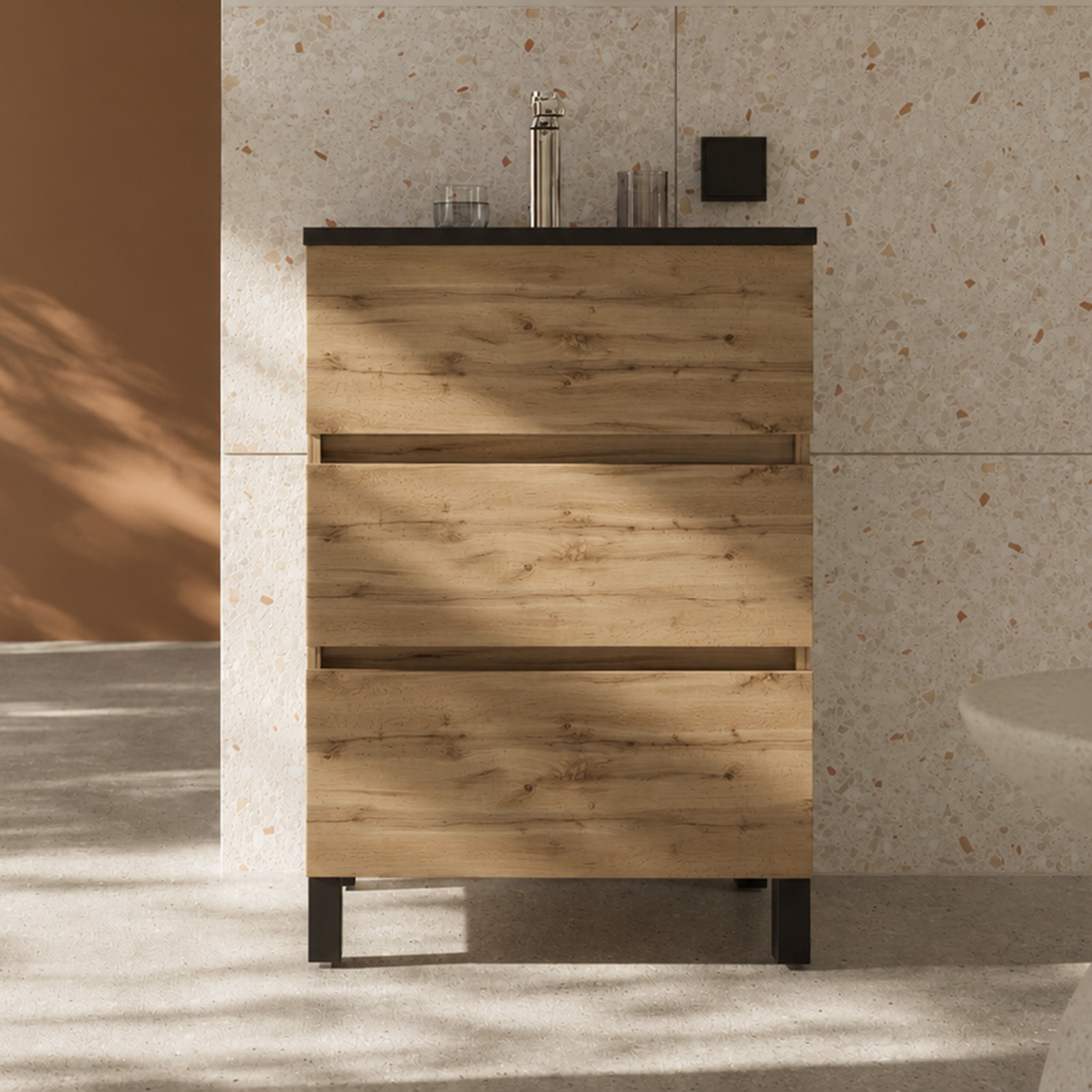 Pack Meuble Salle de Bains 50cm Chêne Naturel 3 Tiroirs, Vasque Noire et Miroir 50x70 à Cadre Noir