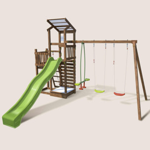 Aire de jeux pour enfant 2 tours avec portique et mur d'escalade - FUNNY Swing & Climbing 150