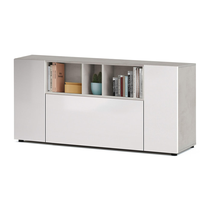 Credenza Paterson, Madia moderna a 3 ante, Buffet da soggiorno con scomparti, Madia da salotto, Mobile Porta TV, cm 150x41h76, Bianco e Cemento