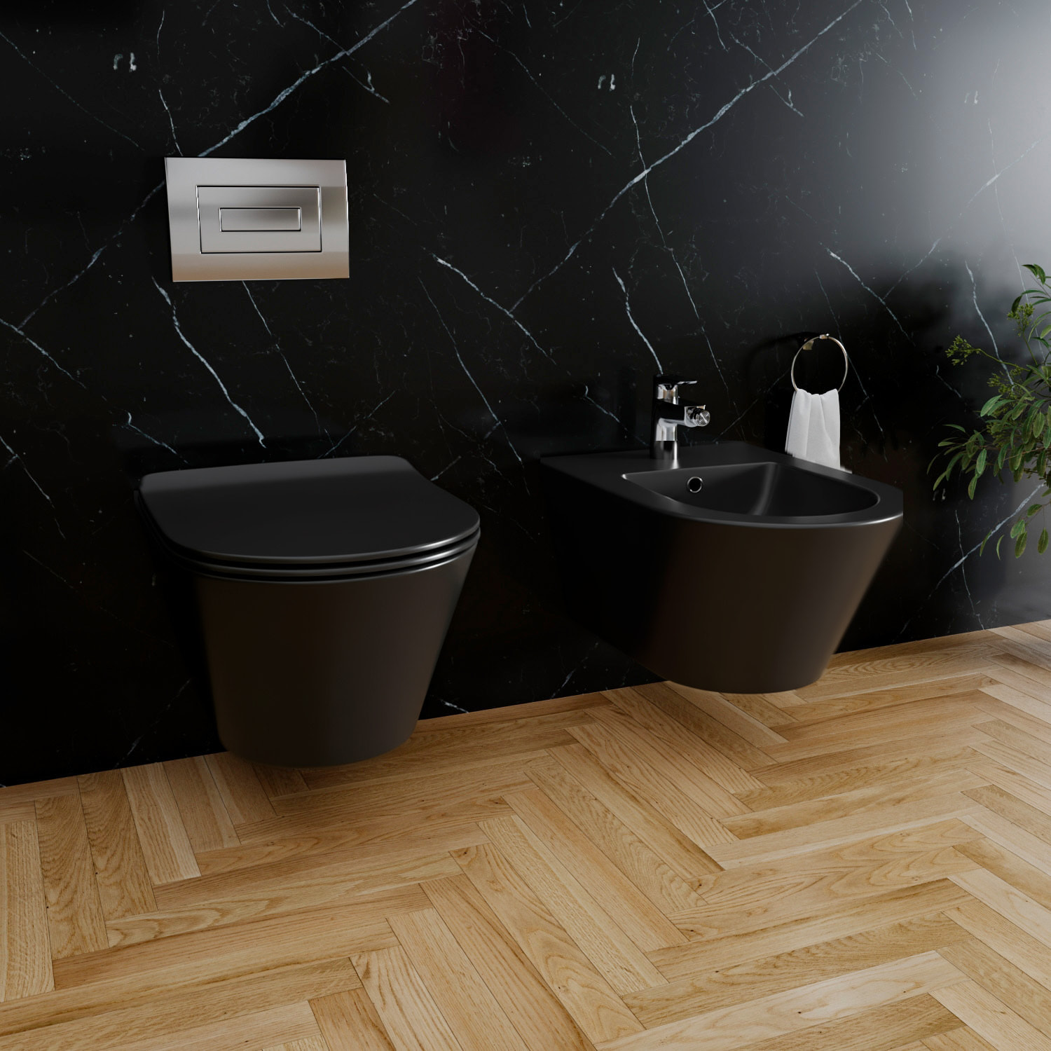 Coppia Sanitari Sospesi Vaso WC Rimless Con Tornado Flush E Bidet Sospeso Moderno Tondo In Ceramica Con Copriwater Chiusura Soft Close Nero Opaco