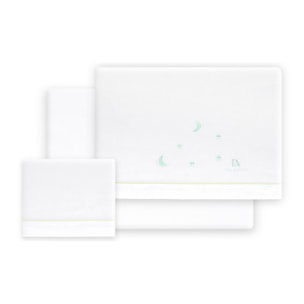 Triptico Cuna 100% Alg Don Algodon Estrellas Luna+ Peine y Cepillo Bco/Verde
