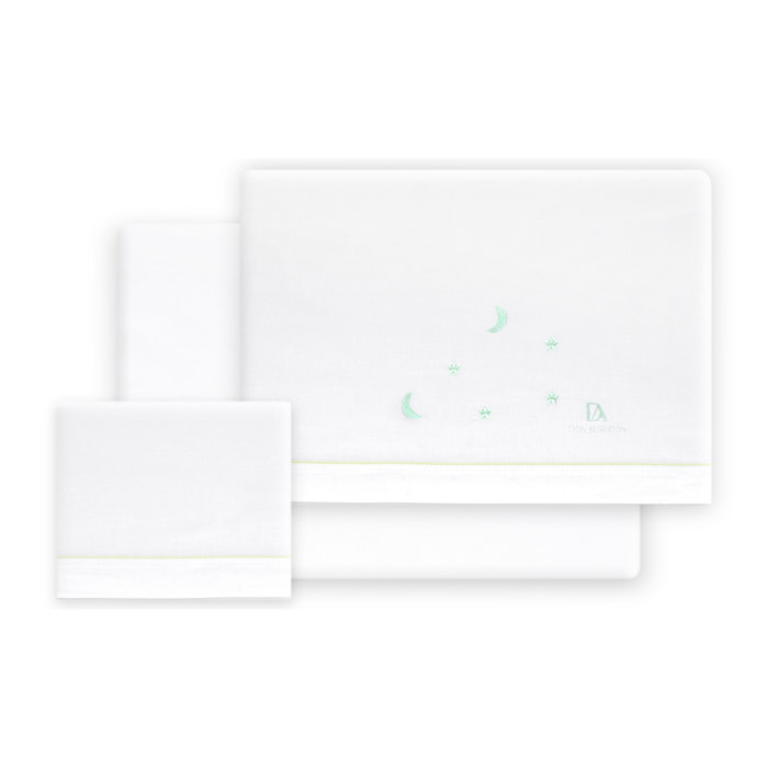 Triptico Cuna 100% Alg Don Algodon Estrellas Luna+ Peine y Cepillo Bco/Verde