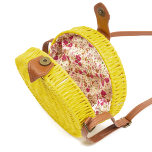 IRIA QUINTANA Borsa a tracolla da donna Cuneo. Tessuto Paglia Pelle Sintetica PU 18x4x18 Cm. Colore giallo