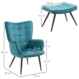 Fauteuil design néo-rétro haut dossier effet capitonné à oreilles - repose-pied inclus - piètement effilé acier noir tissu aspect velours bleu canard