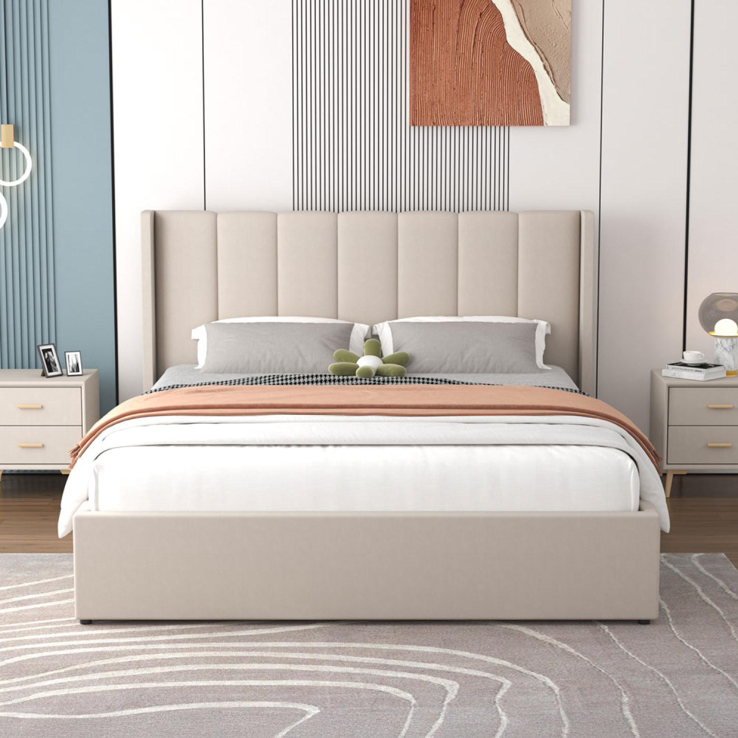 Lit coffre design 160x200cm en velours beige CARSON