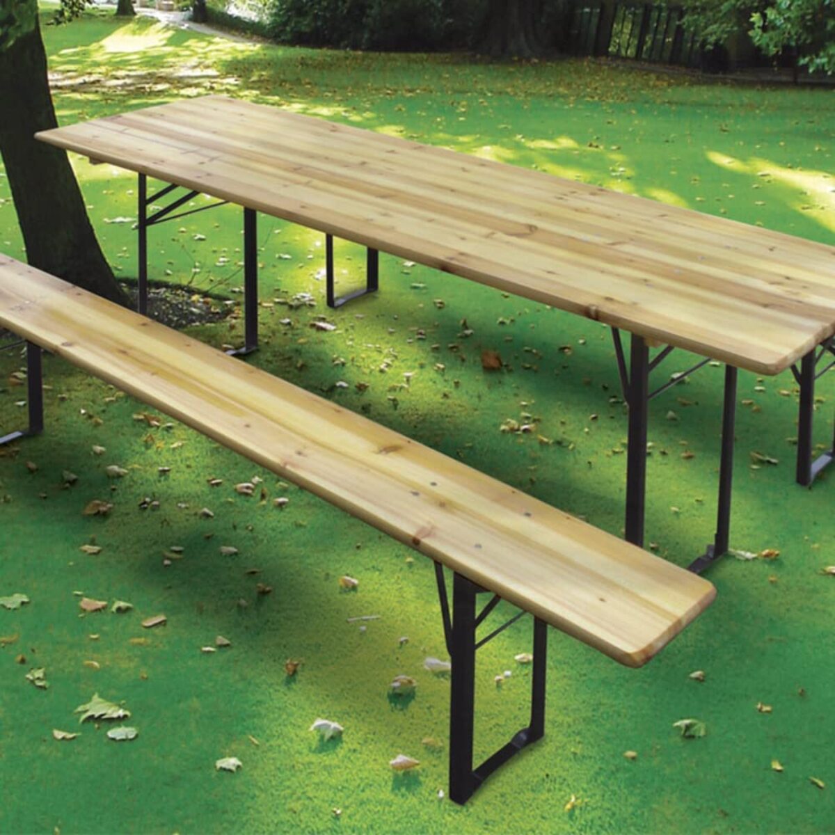 Set Birreria Completo Tavolo Con 2 Panche In Legno Naturale Gambe Pieghevoli Per Bar Pub Giardino Fiera Picnic Camping Feste Sagre 220 x 70 x 75 Cm
