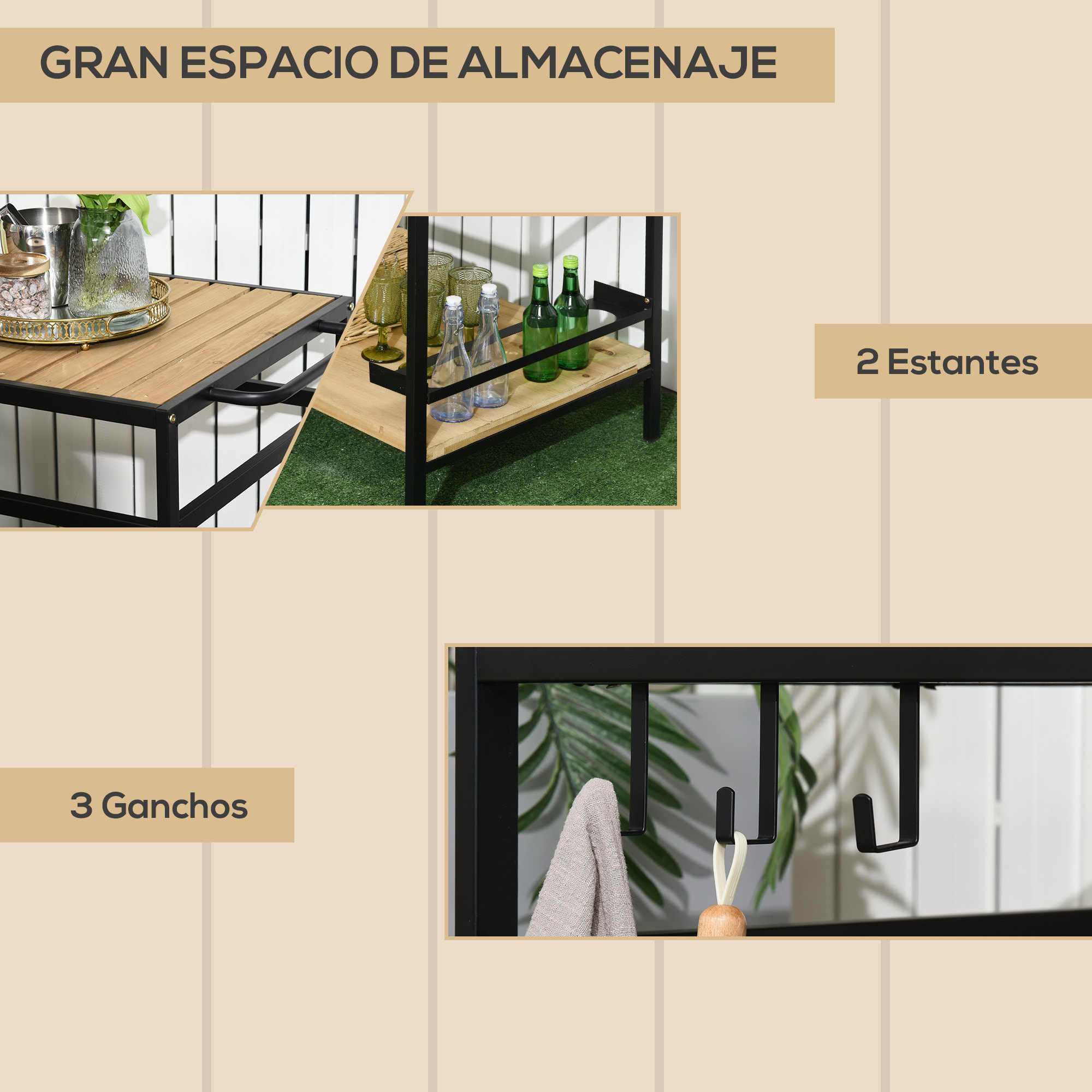 Camarera con Ruedas de Madera Carro de Servicio con Encimera de Listones 2 Estantes 3 Ganchos y Asa para Jardín Terraza Patio 107x65x80 cm Natural