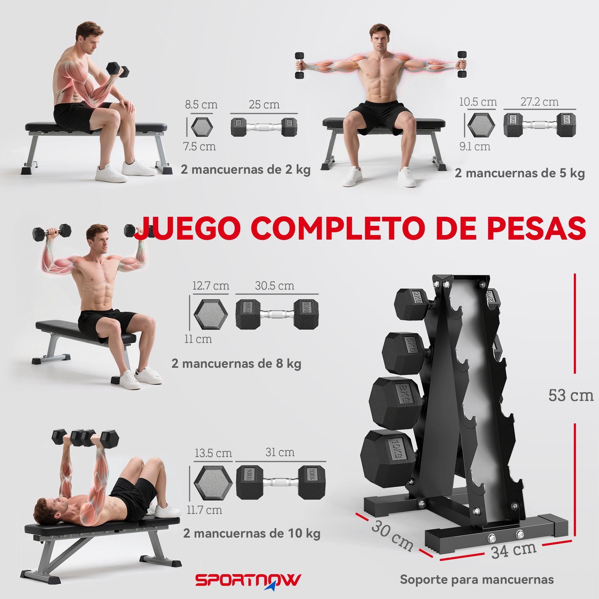 Juego de Mancuernas de 8 Piezas 50 kg, Mancuernas Hexagonales 2x2kg, 2x5kg, 2x8kg, 2x10kg, con Soporte de Almacenamiento y Mango Antideslizante para Entrenamiento en Casa Gimnasio, Negro