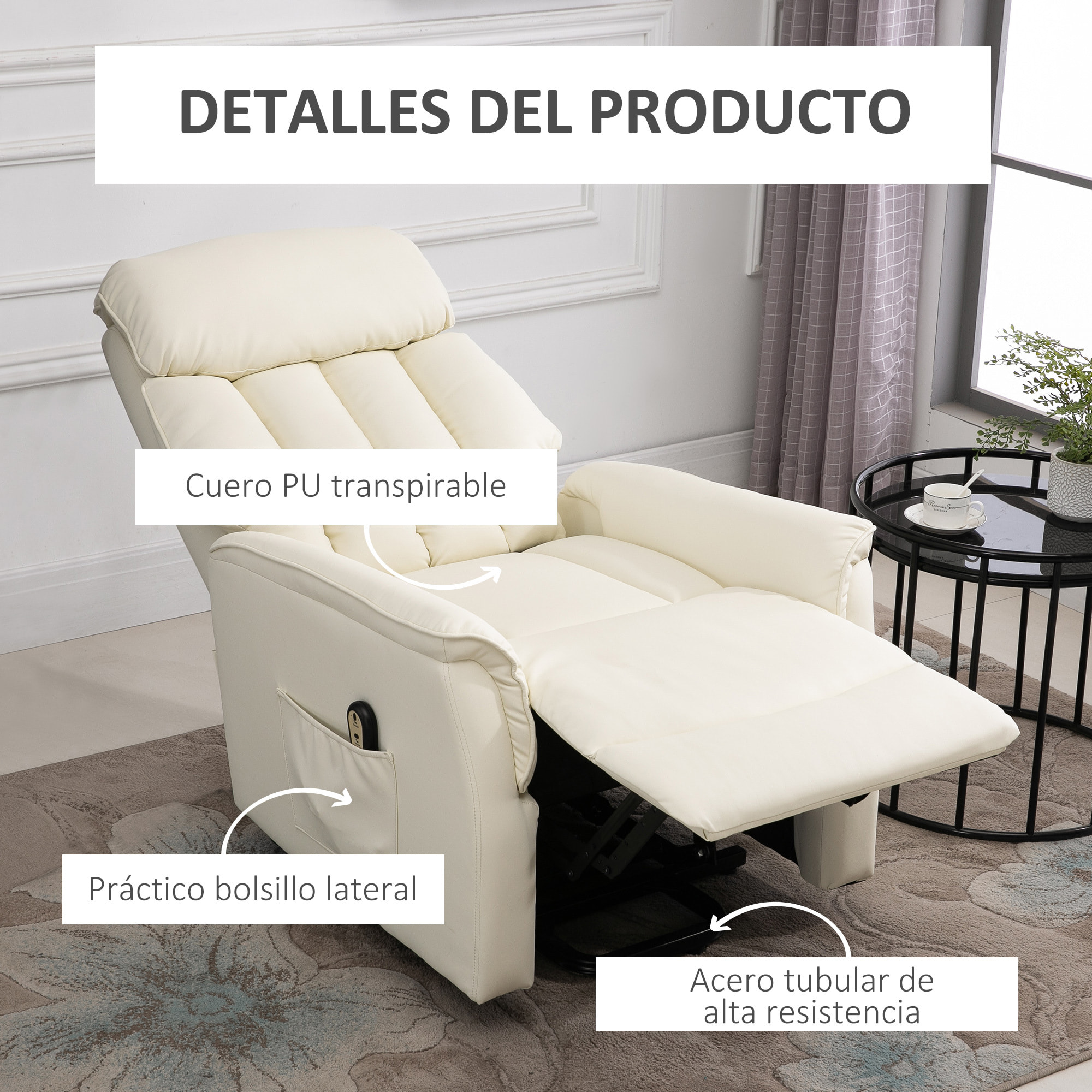 Sillón Levanta Personas Sillón de Relax Elevador con Reposapiés Mando a Distancia Reclinación Eléctrica Bolsillo Lateral Carga 150 kg 80x94x104 cm Crema