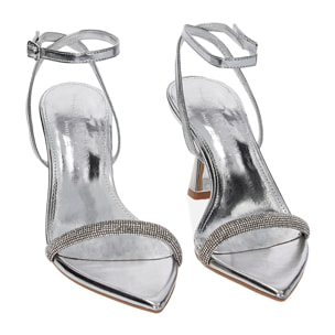 Sandali argento in laminato con pietre, tacco 8 cm