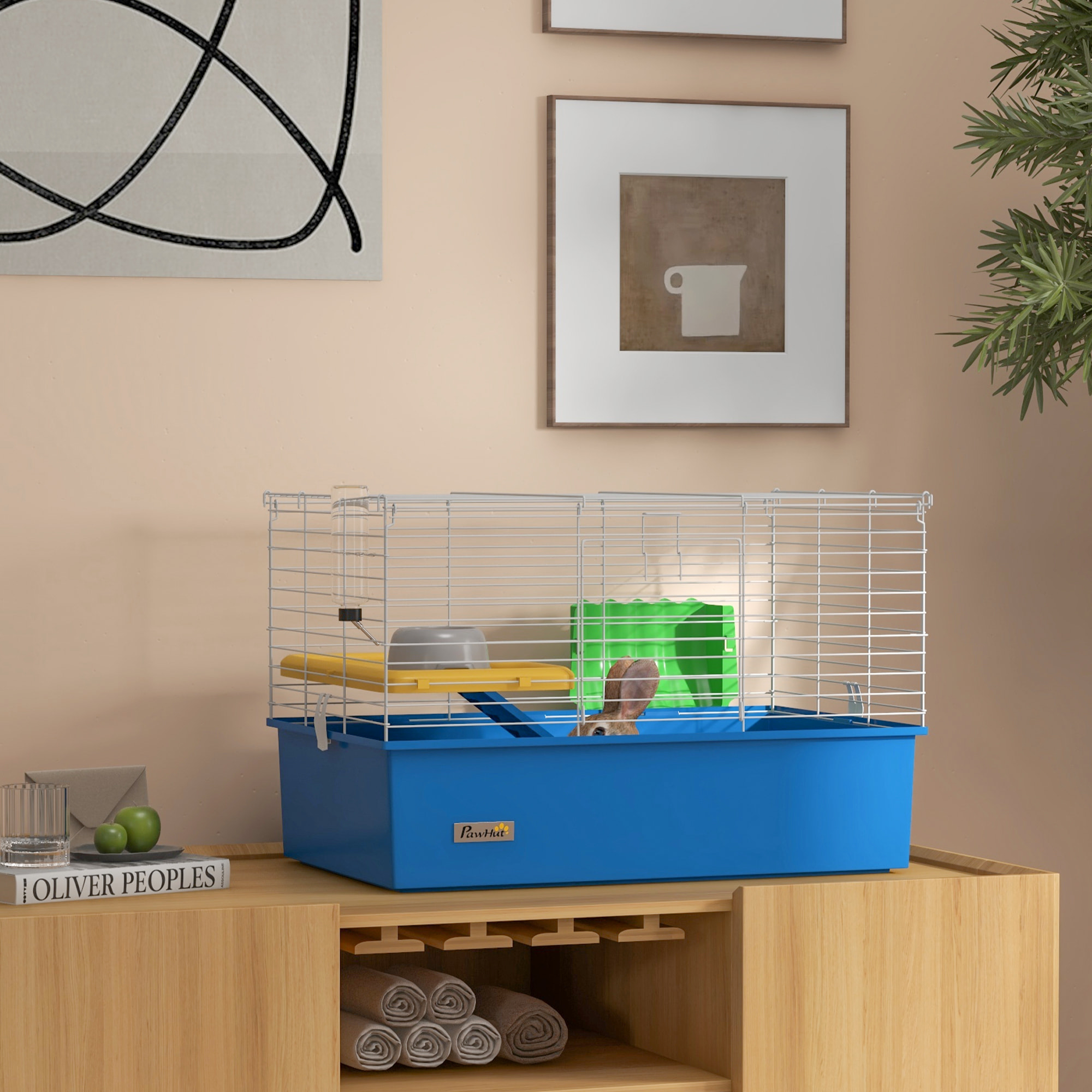 Jaula para Hurones con Bandeja Inferior Jaula para Animales Pequeños con Plataforma con Rampa Comedero y Bebedero Recinto para Conejos Pequeños Chinchillas Cobayas 71x46x47 cm Blanco y Azul