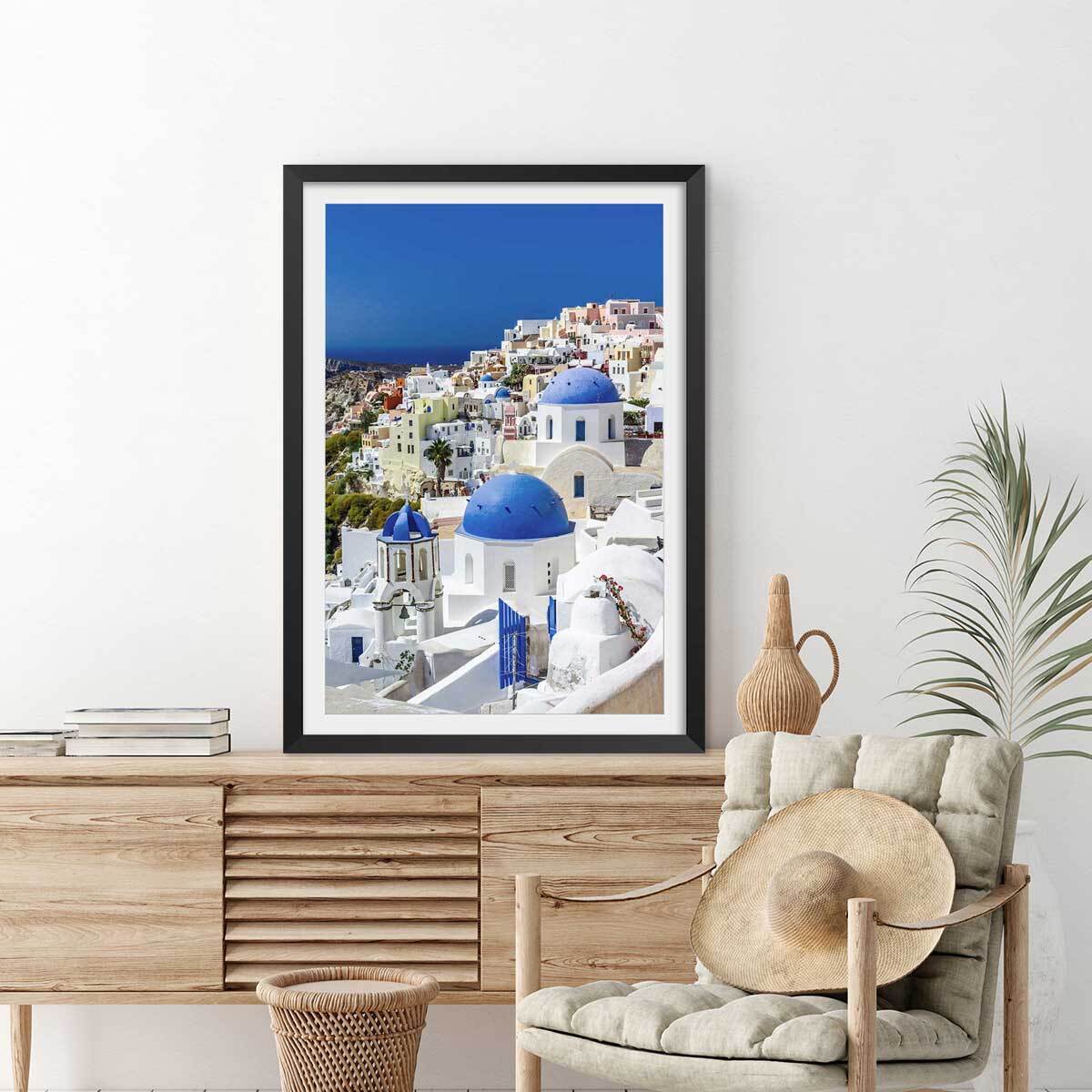 Poster dôme bleu sur les cyclades Affiche + cadre en bois - Noir