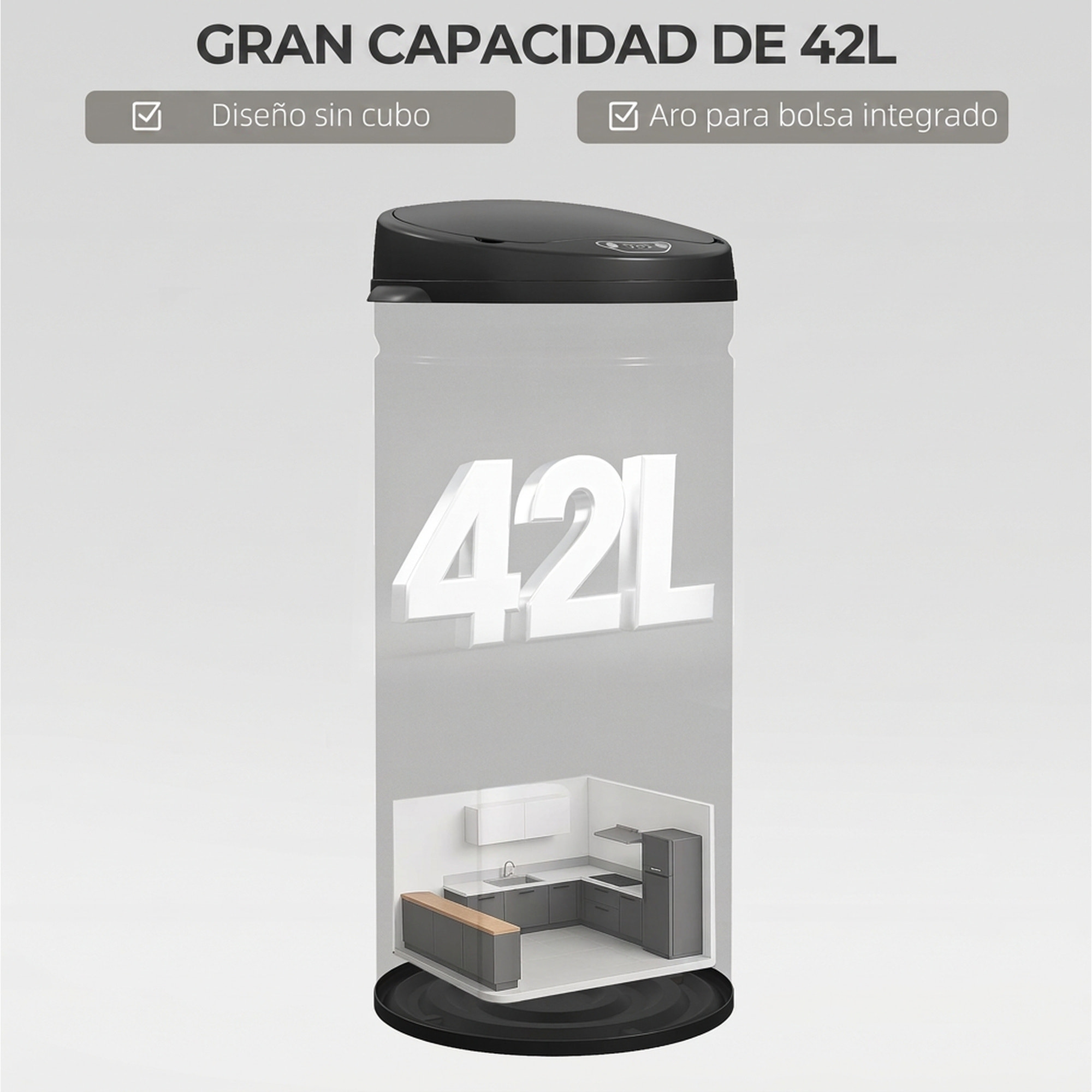 HOMCOM Cubo de Basura Cocina Automático 42 L, Papelera de Cocina de Acero Inoxidable, Sensor Infrarrojo, Cierre Automático, Antihuellas, para Dormitorio, Oficina, Negro