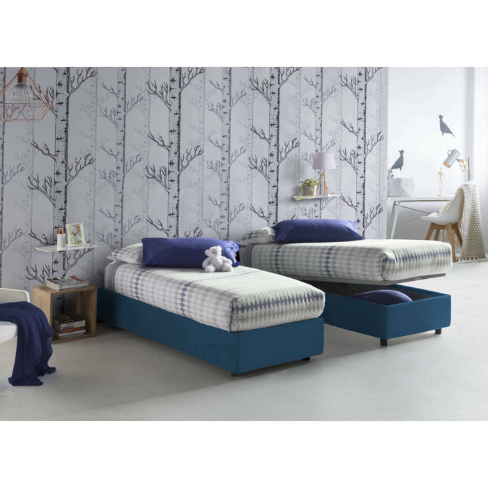 Letto singolo Addison, Letto contenitore con rivestimento in tessuto, 100% Made in Italy, Apertura frontale, con materasso Cm 90x190 incluso, Blu