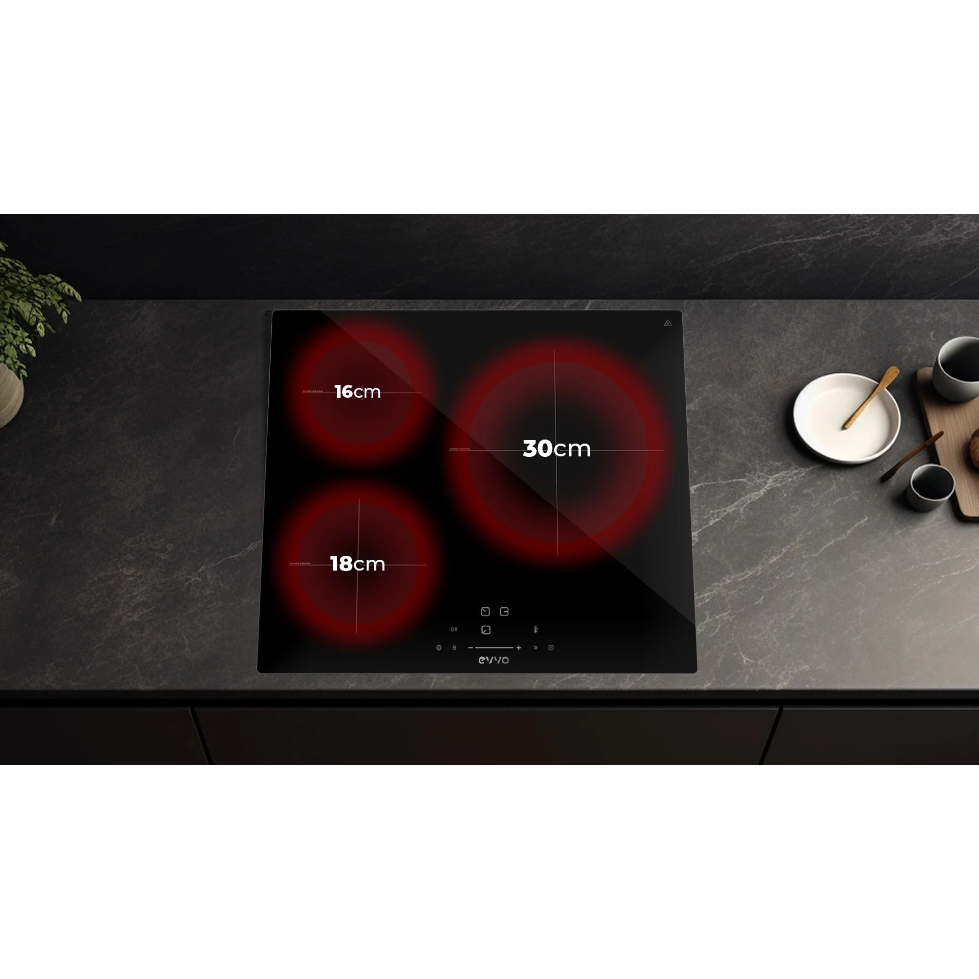 EVVO Placa Inducción 3 zonas de cocinado V61, Potencia máxima 7.200W, 9 niveles, máx diámetro 30 cm, booster, control táctil, indicador de calor