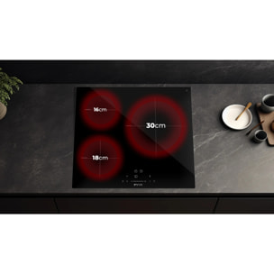 EVVO Placa Inducción 3 zonas de cocinado V61, Potencia máxima 7.200W, 9 niveles, máx diámetro 30 cm, booster, control táctil, indicador de calor
