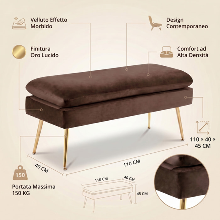 Panca Contenitore Imbottita in Effetto Velluto con Ampio Vano Portaoggetti, Seduta Confortevole e Gambe in Acciaio, Design Moderno per Camera da Letto, Ingresso e Soggiorno