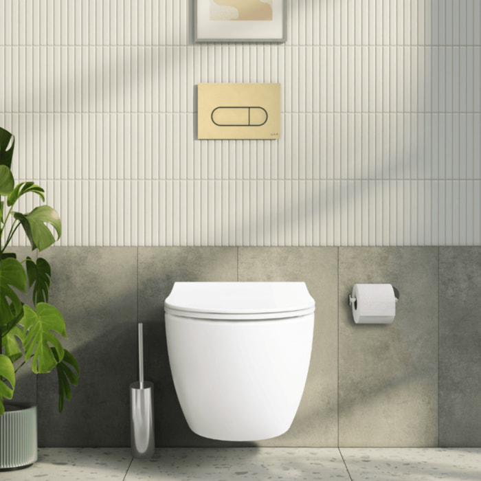 Pack WC suspendu VITRA Sento blanc mat + bâti autoportant V-Fix Core + Plaque Round or brossé