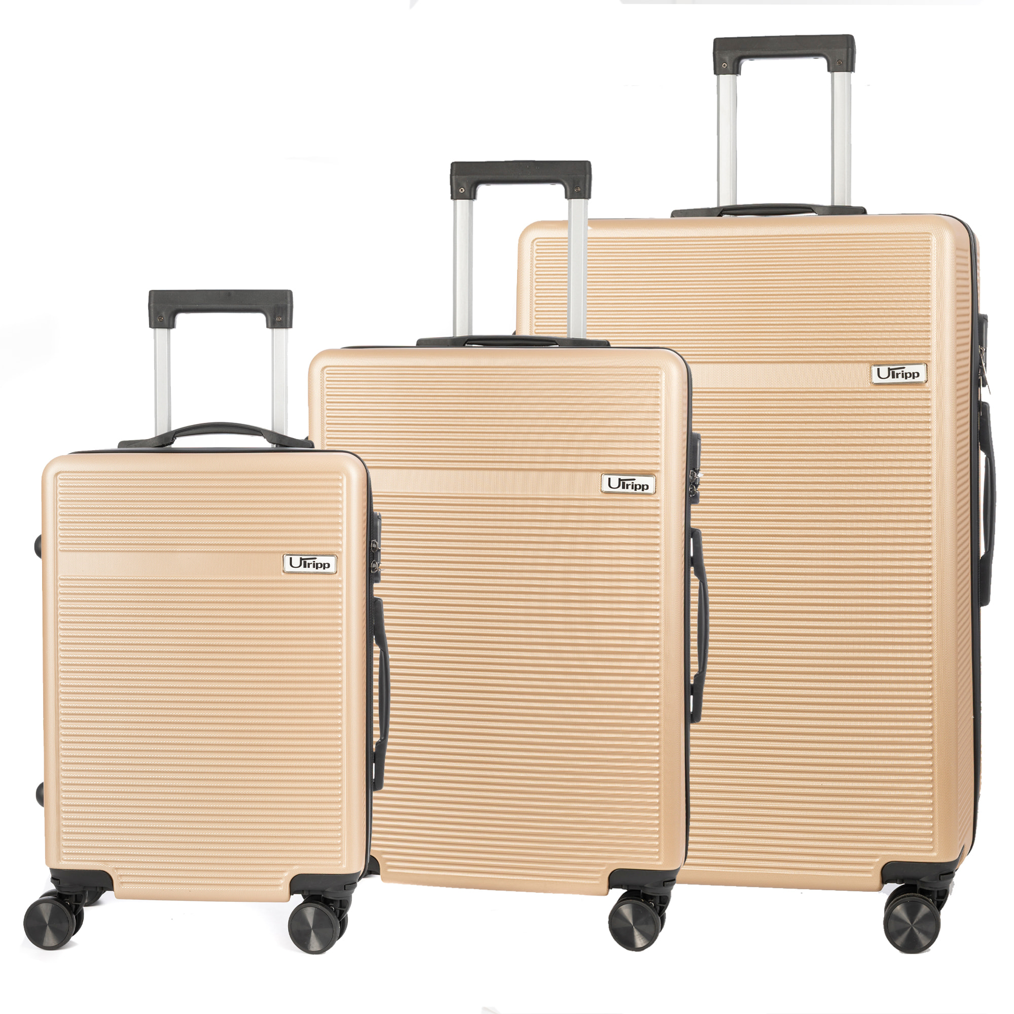 DAM Set di 3 valigie Trolley, in materiale leggero ABS ad alta resistenza. Serratura numerica e 4 ruote doppie rimovibili e girevoli a 360°. 50x29x76 Cm. Colore: Oro