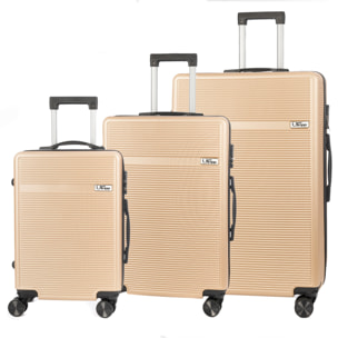 DAM Set di 3 valigie Trolley, in materiale leggero ABS ad alta resistenza. Serratura numerica e 4 ruote doppie rimovibili e girevoli a 360°. 50x29x76 Cm. Colore: Oro