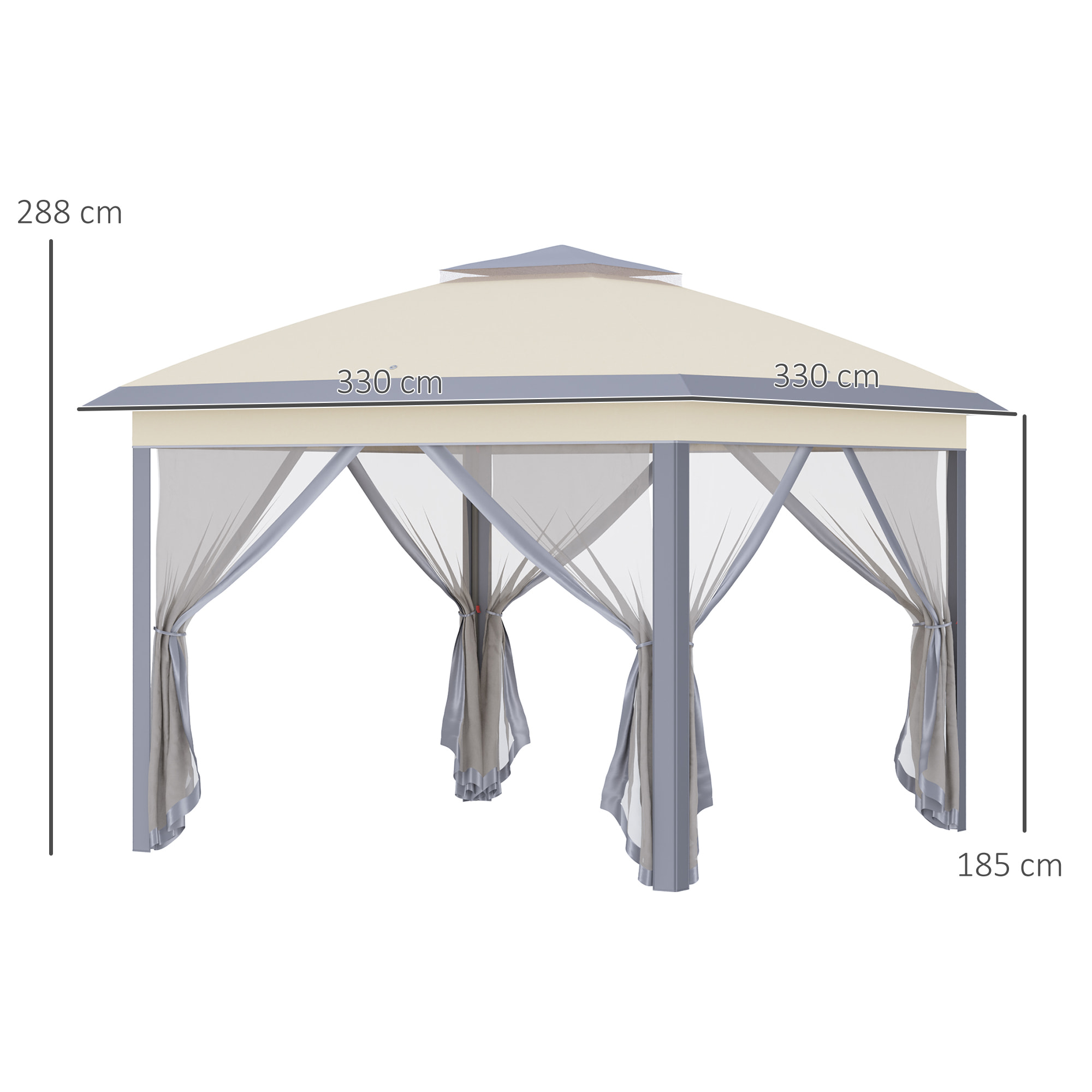 Carpa Plegable 3,3x3,3 m Altura Ajustable Cenador de Jardín con Doble Techo 4 Mosquiteras Extraíbles y Bolsa de Transporte para Camping Fiestas Beige