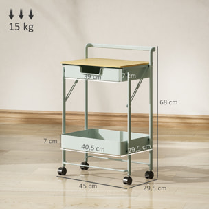 Carrito Auxiliar con Ruedas de 2 Niveles Carro de Cocina con 1 Cajón y 1 Cesta Carrito Organizador para Dormitorio Salón Oficina Verde Claro