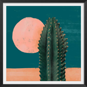 Affiche illustration cactus et soleil rose Affiche + cadre en bois - Noir