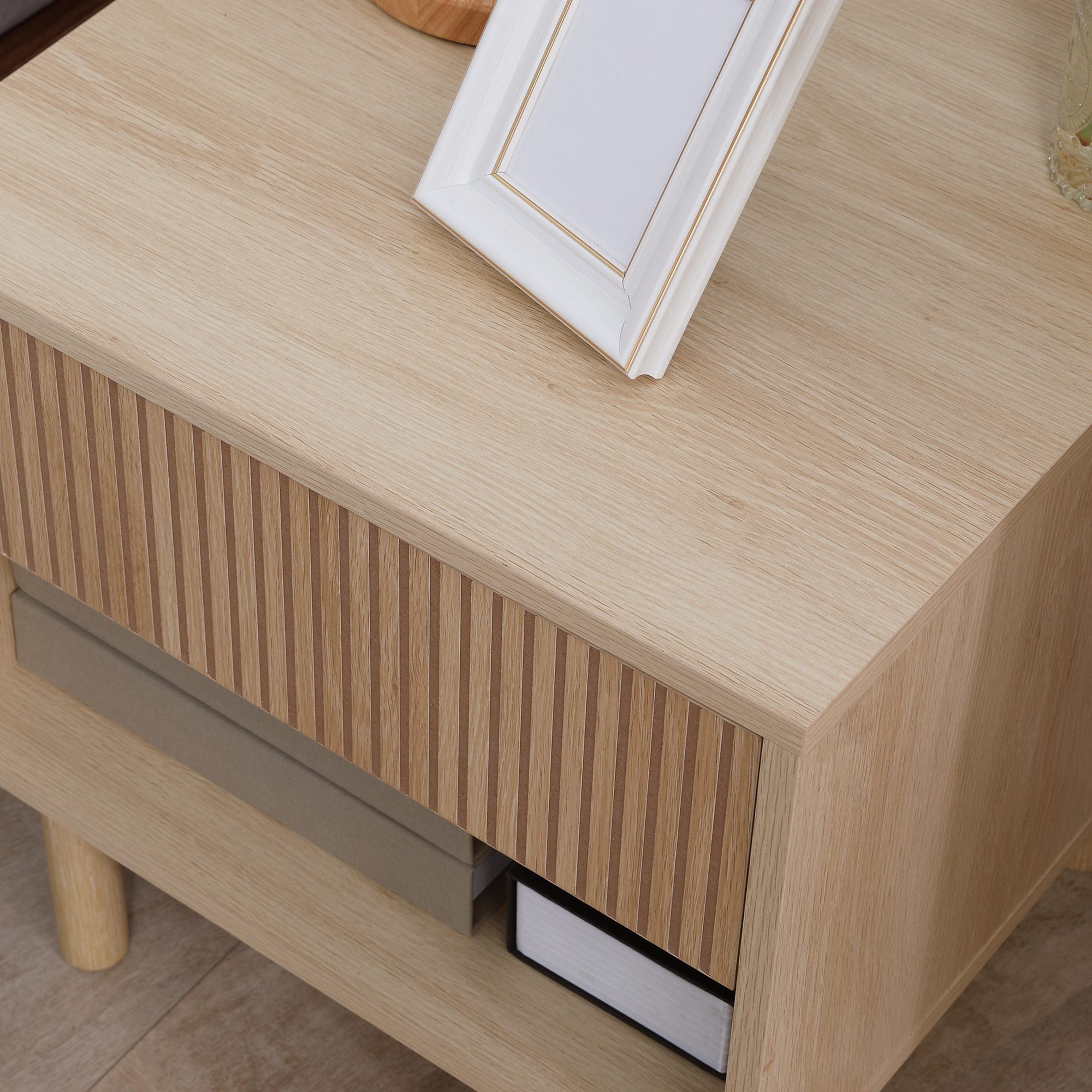 Mesita de Noche, Mesilla de Noche con Cajón y Estante Abierto, Estilo Moderno, Mesita Auxiliar para Dormitorio, Salón, 47x47x50 cm, Madera Natural