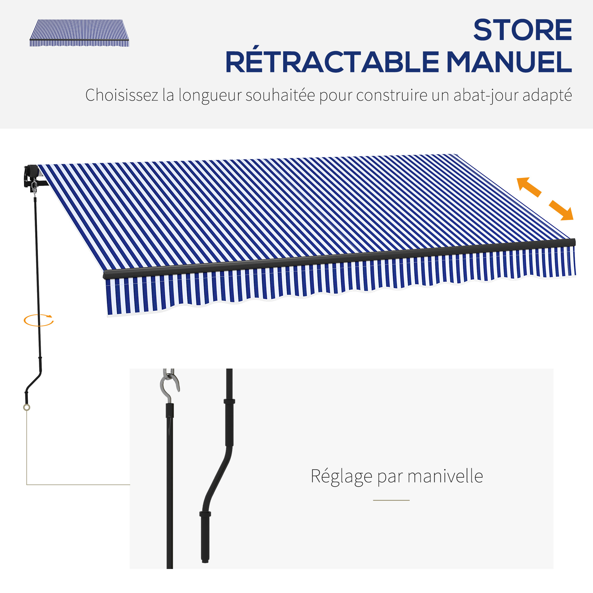 Store banne manuel rétractable inclinaison réglable manivelle alu polyester anti-UV bleu blanc
