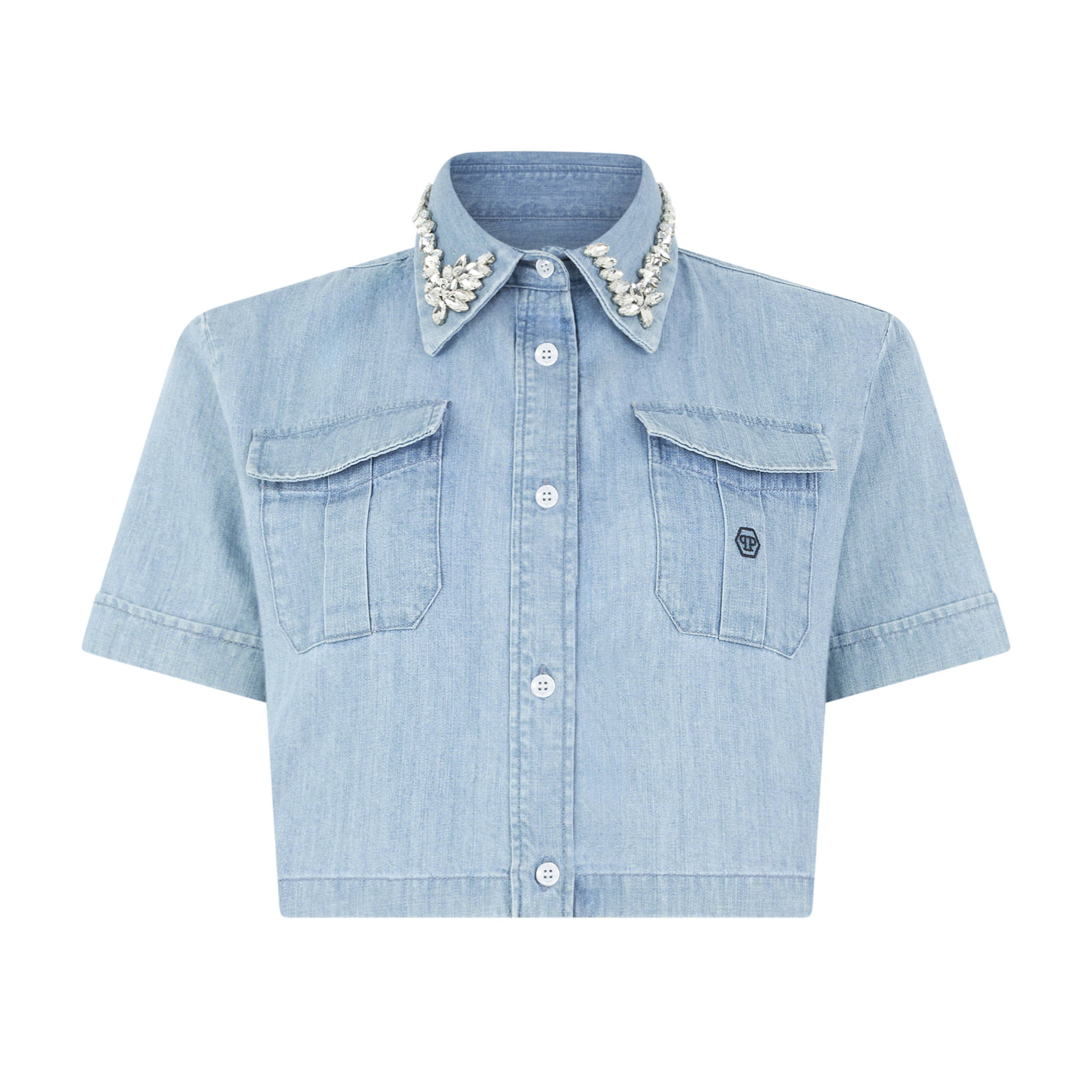 PHILIPP PLEIN Chambray Cropped Shirt Crystals