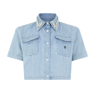 PHILIPP PLEIN Chambray Cropped Shirt Crystals