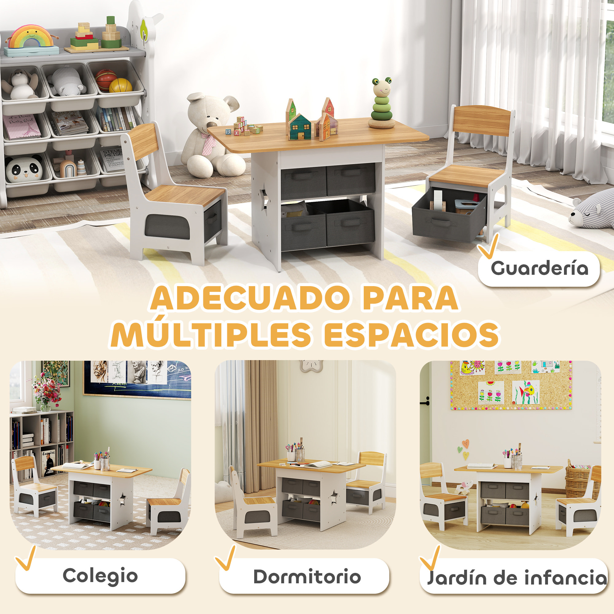 Mesa Infantil con 2 Sillas, Mesa y Sillas Infantil con 6 Cajones de Tela, Diseño Estrellas, para Niños y Niñas de 3-8 Años, para Hogar, Guardería, Aulas, Natural