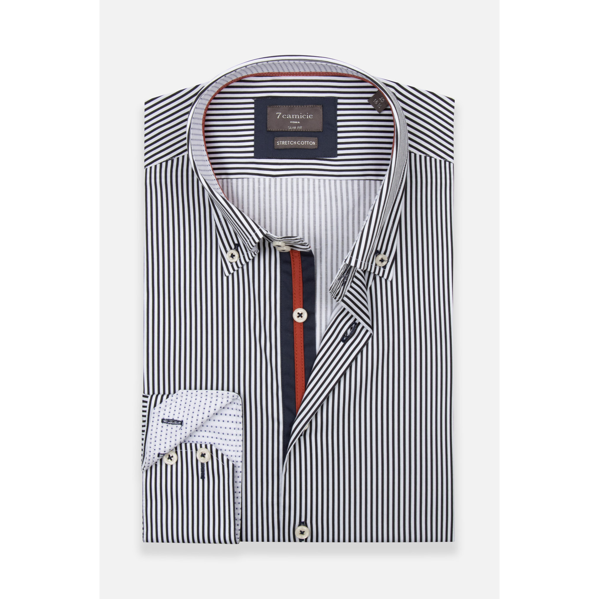 Camicia Uomo 2 Bottoni Button Down Slim Popeline Stretch Riga Stretta Bianco e Blu