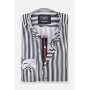 Camicia Uomo 2 Bottoni Button Down Slim Popeline Stretch Riga Stretta Bianco e Blu