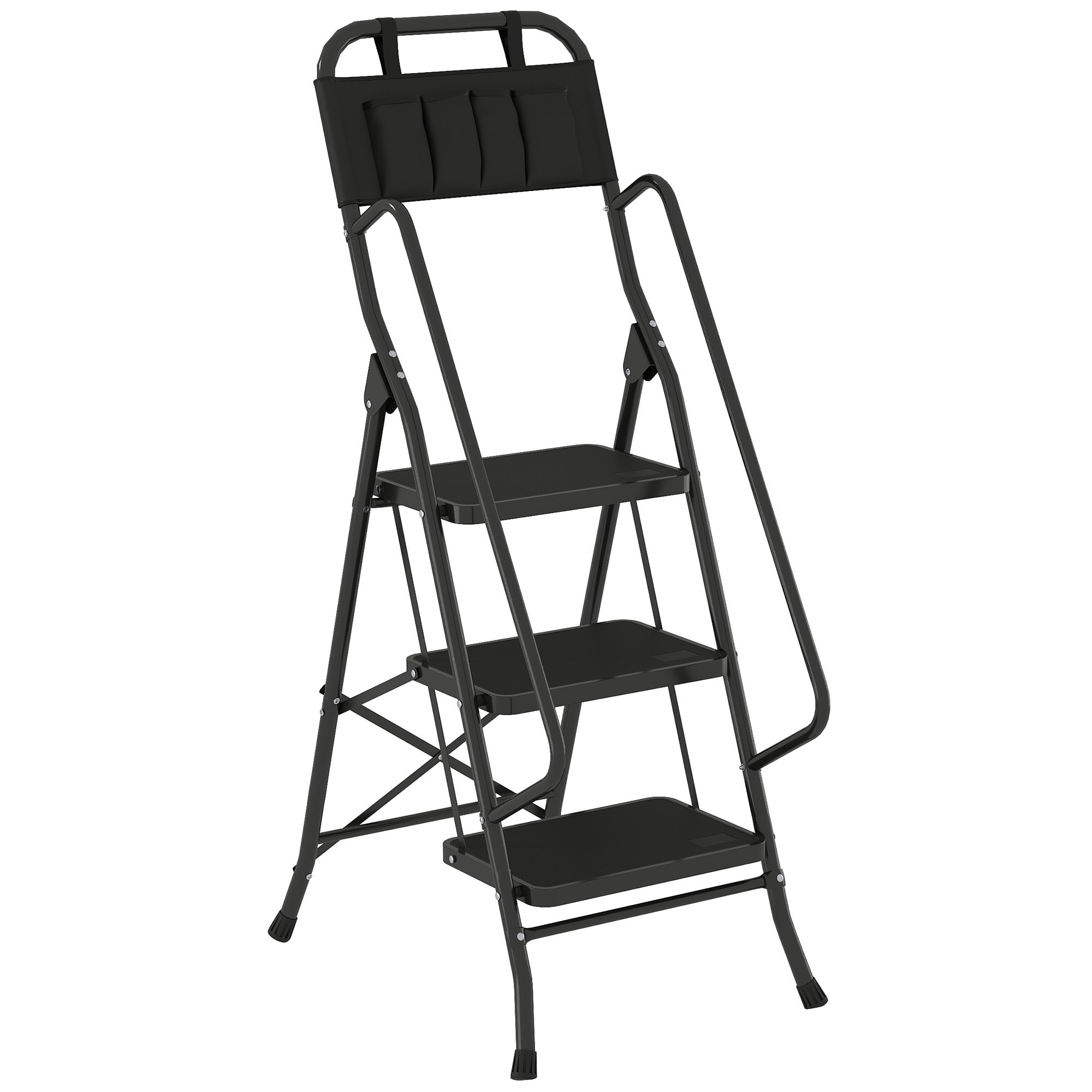 Escalera Plegable de 3 Peldaños con Bolsa de Herramientas, Escalera de Tijera, Carga 150 kg, con Peldaños Anchos Antideslizantes, Bloqueo de Seguridad, Apoyabrazos, Negro