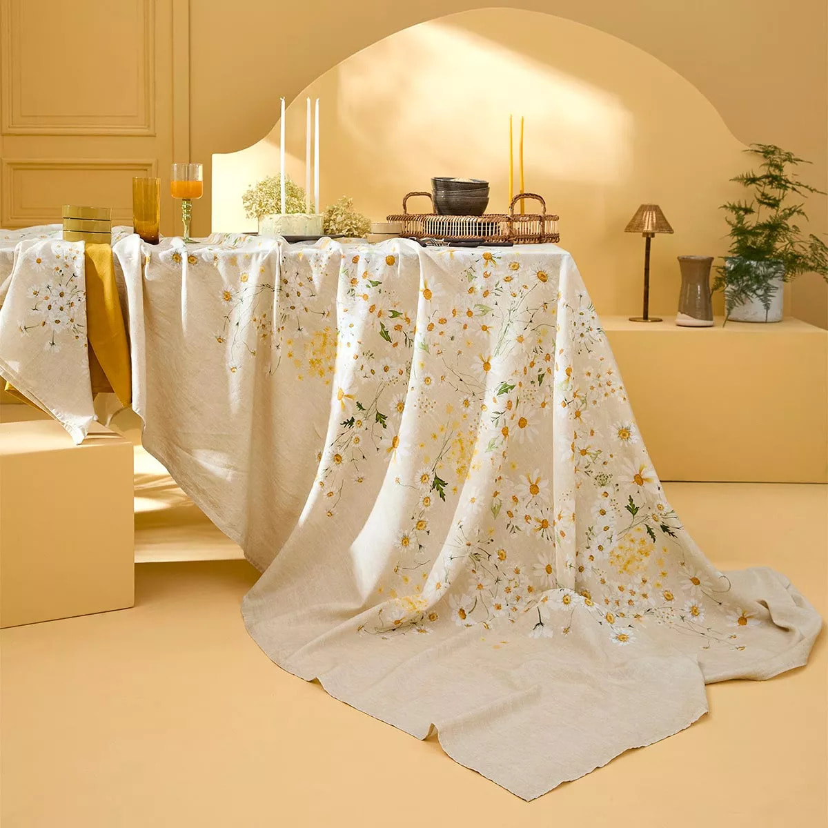 Serviette lin & coton lavé 150 g/m² imprimé jaune beige Daisy chanvre