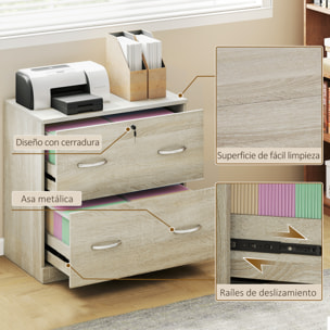 Cajonera de Escritorio con 2 Cajones Cajonera de Oficina con Guías para Carpetas Colgantes para A4 Cerradura y 2 Llaves para Estudio Salón 77x42x72 cm Natural