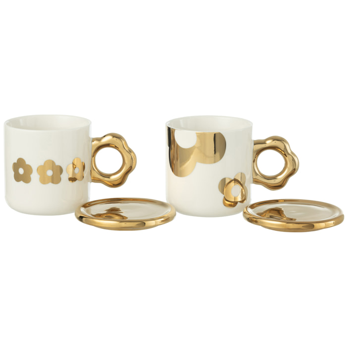 J-Line tasse + sous-tasse Fleur - céramique - blanc/or - 2 pcs