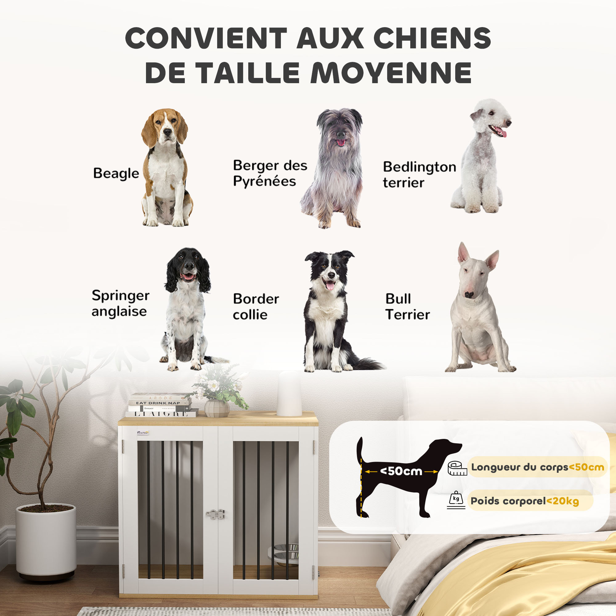 Cage pour chien en bois - 2 portes verrouillables, 2 gamelles rotatives  - 80 x 55 x 71 cm - blanc effet bois clair