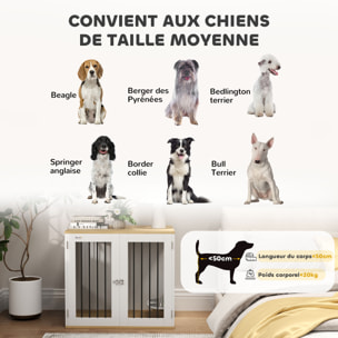 Cage pour chien en bois - 2 portes verrouillables, 2 gamelles rotatives  - 80 x 55 x 71 cm - blanc effet bois clair