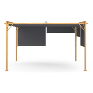 Pergola Marina en acier effet bois avec toit rétractable et 4 stores gris 3x4m