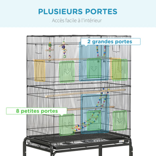 Cage à oiseaux sur roulettes - étagère, plateau déjection, 3 perchoirs, 4 mangeoirs, 2 portes, 8 trappes, accessoires - acier noir