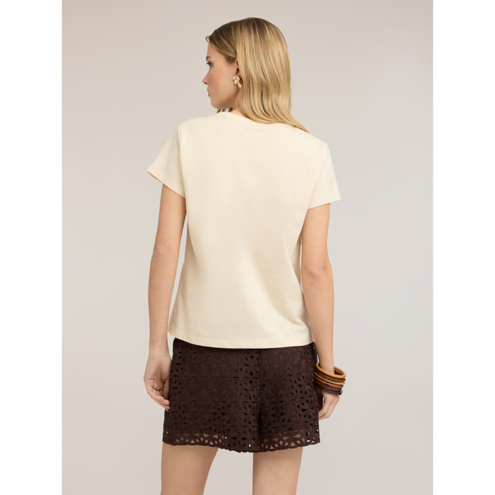 Motivi - T-shirt in jersey con cuore in paillettes - Beige