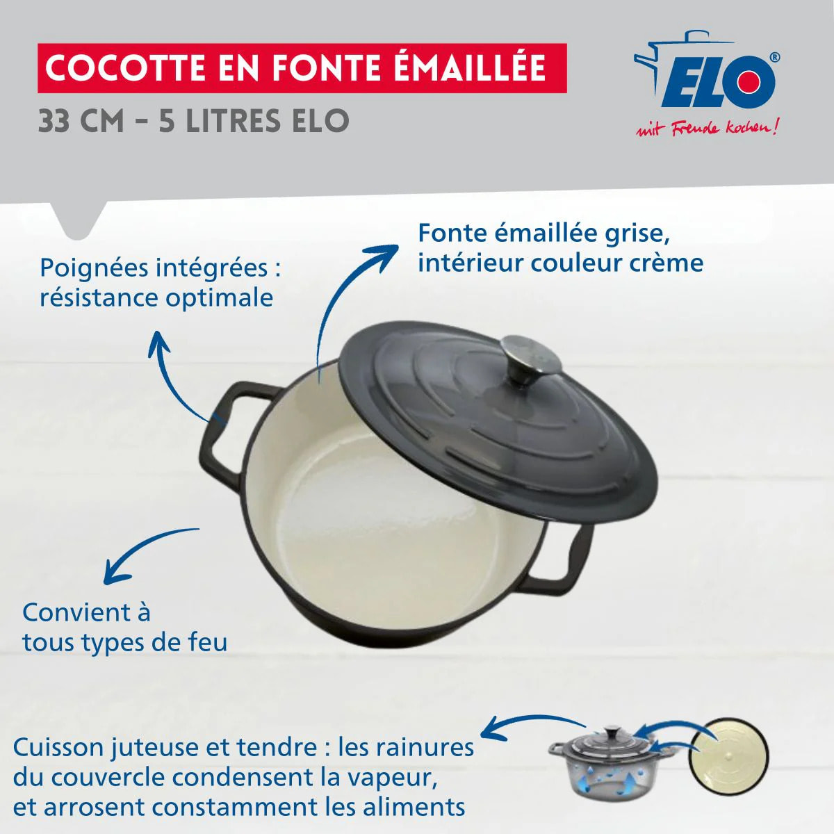 Cocotte en fonte émaillée 33 cm gris classique 5 L Elo