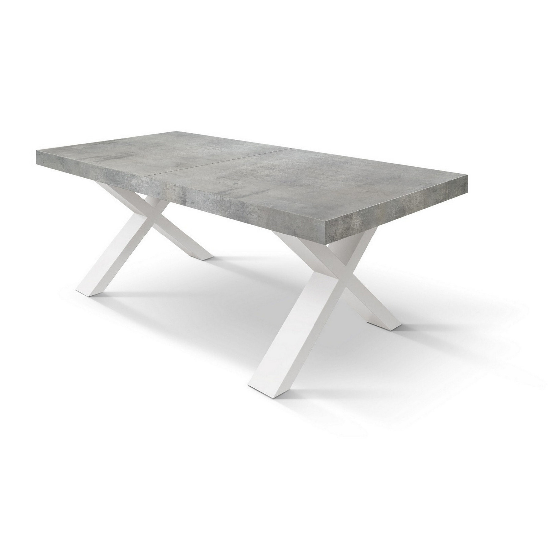 Tavolo allungabile AMALFI in legno effetto grigio cemento e gambe a X bianche, allungabile 160x90 cm - 240x90 cm