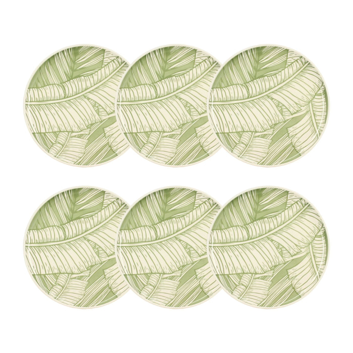 Lot de 6 assiettes plates 26cm en grès à motif vert LEAVES