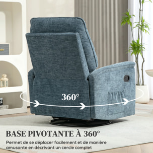 Fauteuil relax inclinable repose-pieds rétractable pivotant pochette rangement intégrée tissu bleu chiné