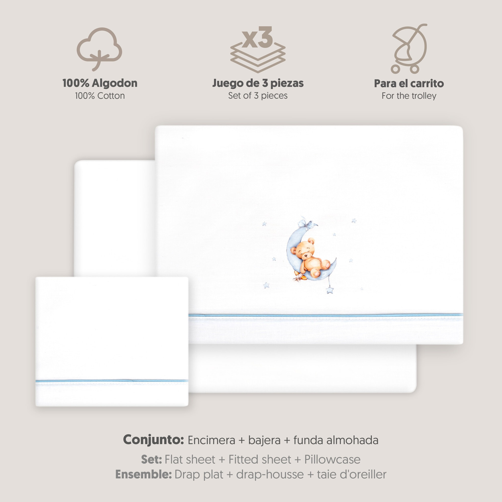 Triptico Coche Estampado Oso Luna Estrellas Bco/Azul