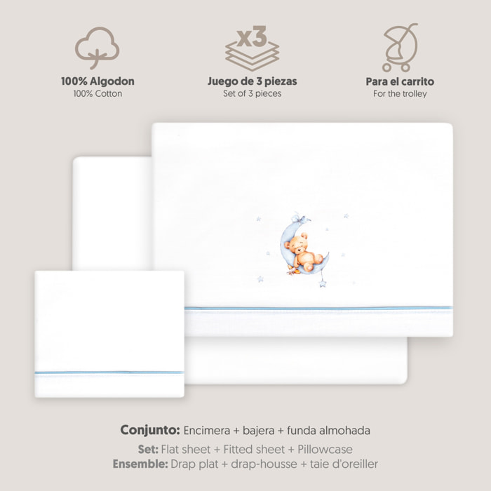 Triptico Coche Estampado Oso Luna Estrellas Bco/Azul