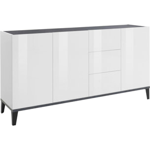 Credenza moderna a 3 ante e 3 cassetti, Made in Italy, Madia da cucina rialzata, Buffet di design da soggiorno, Cm 160x40h82, Bianco lucido e Ardesia